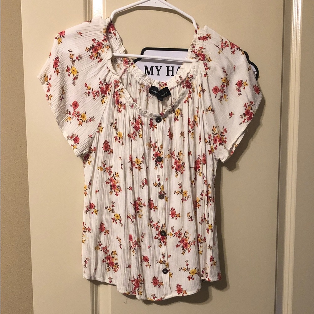 Women's Floral Button-Front Blouse in White with Pink & Yellow Flowers